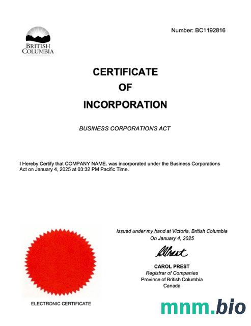 British Columbia vcertyfikat of inkorporacja Word i szablon PDF, version 2